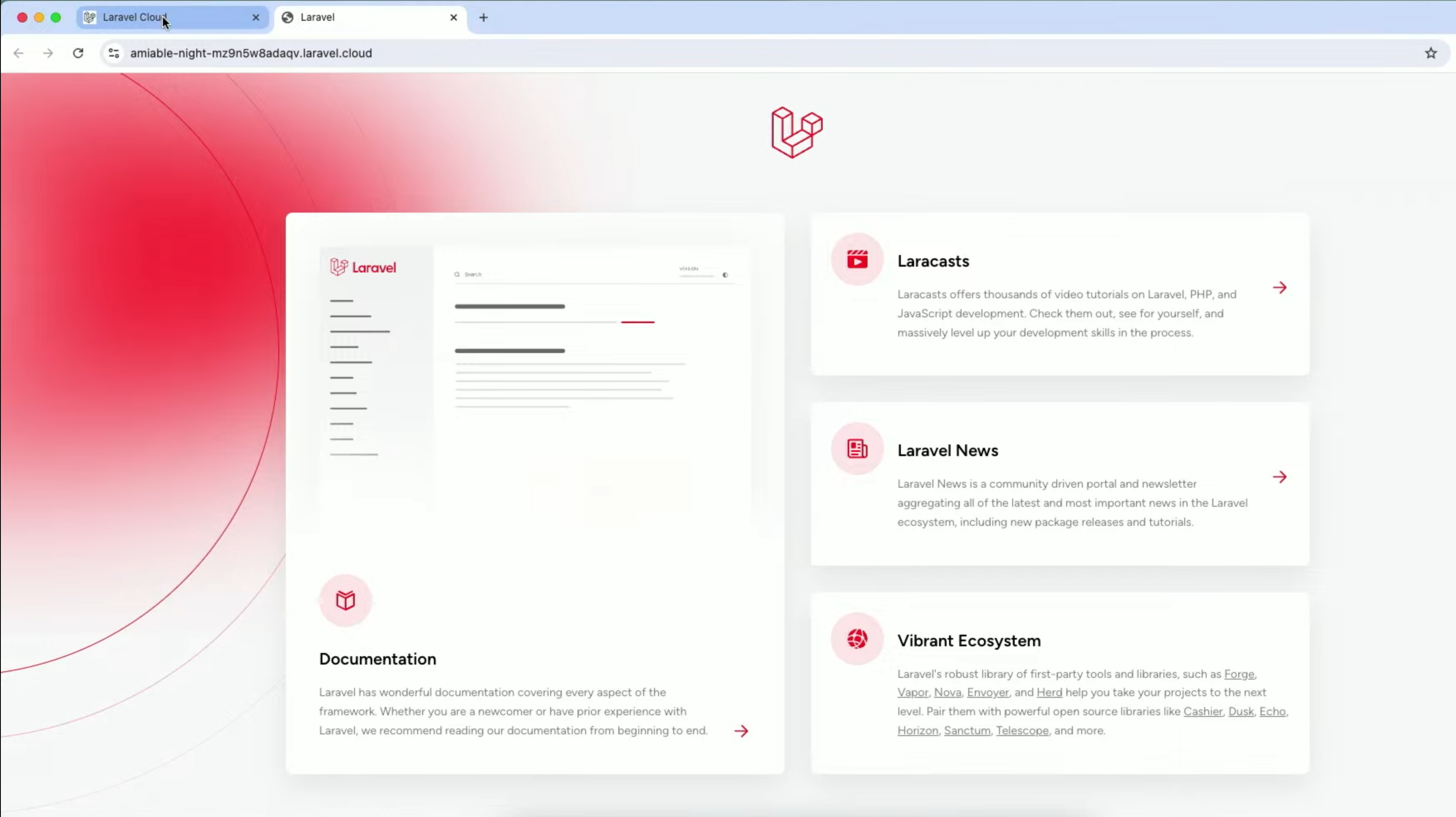 แอปที่ deploy เสร็จเปิดได้ที่ subdomain ของ laravel.cloud