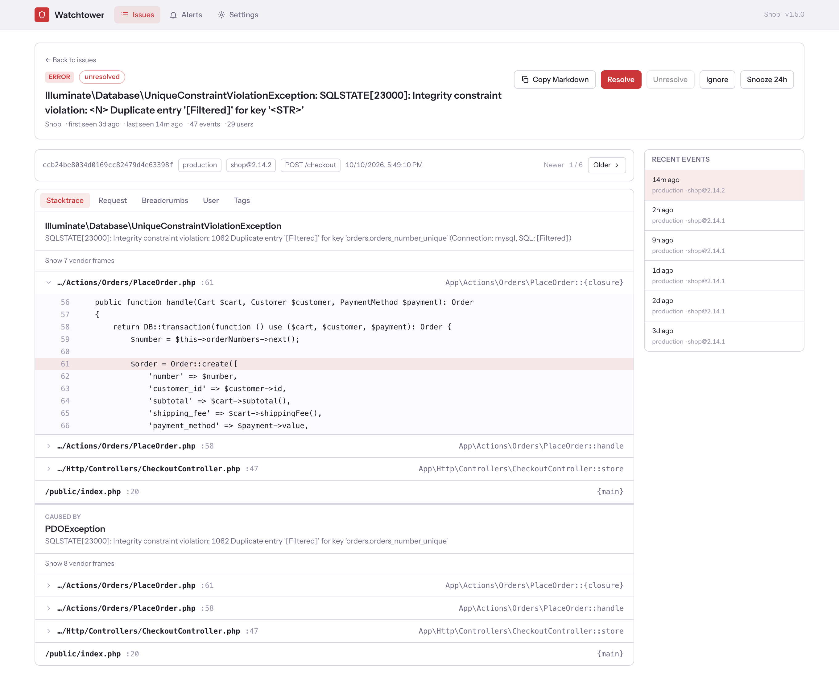 หน้ารายละเอียด issue พร้อม stack trace