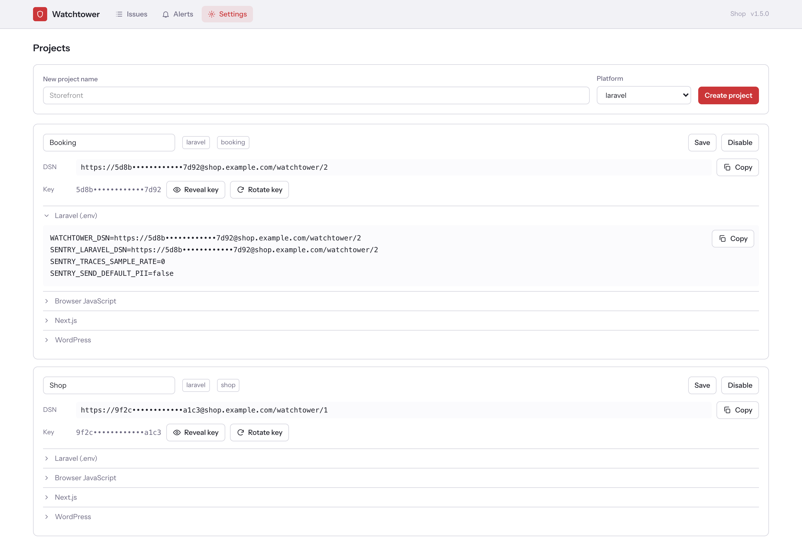 หน้า Settings → Projects