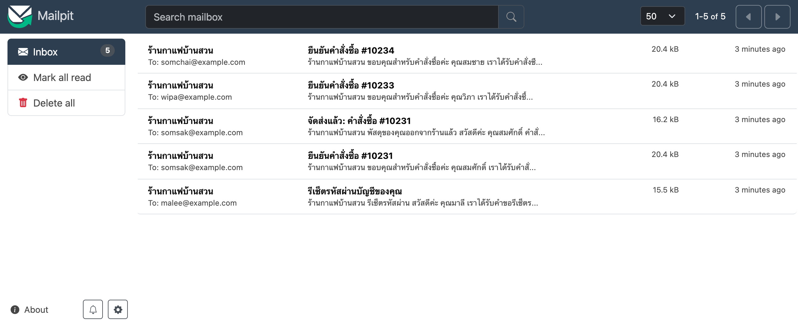 กล่องจดหมายของ Mailpit ที่ดักอีเมลจากแอปไว้ทั้งหมด