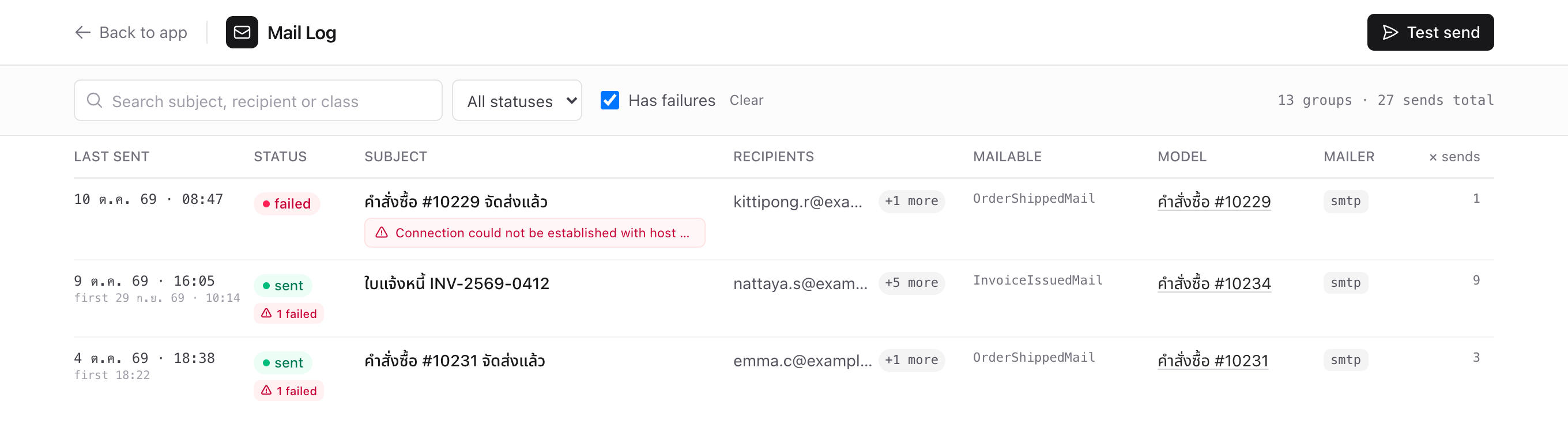 กรองเฉพาะกลุ่มที่มีการส่งล้มเหลว