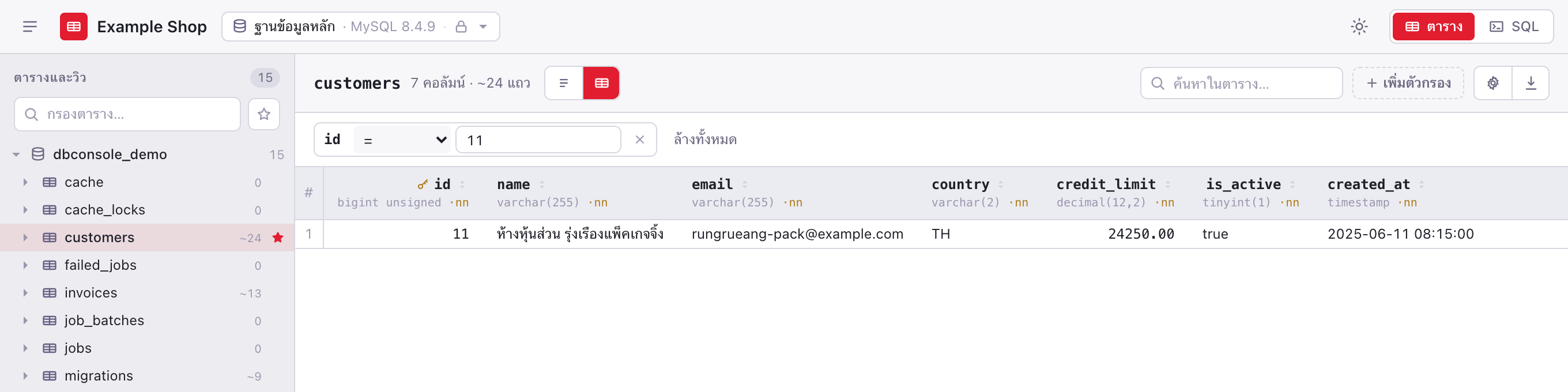 เปิดตาราง customers กรองเหลือแถวที่ foreign key ชี้ไป