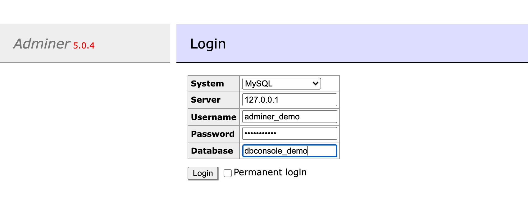 หน้า login ของ Adminer ที่ /adminer