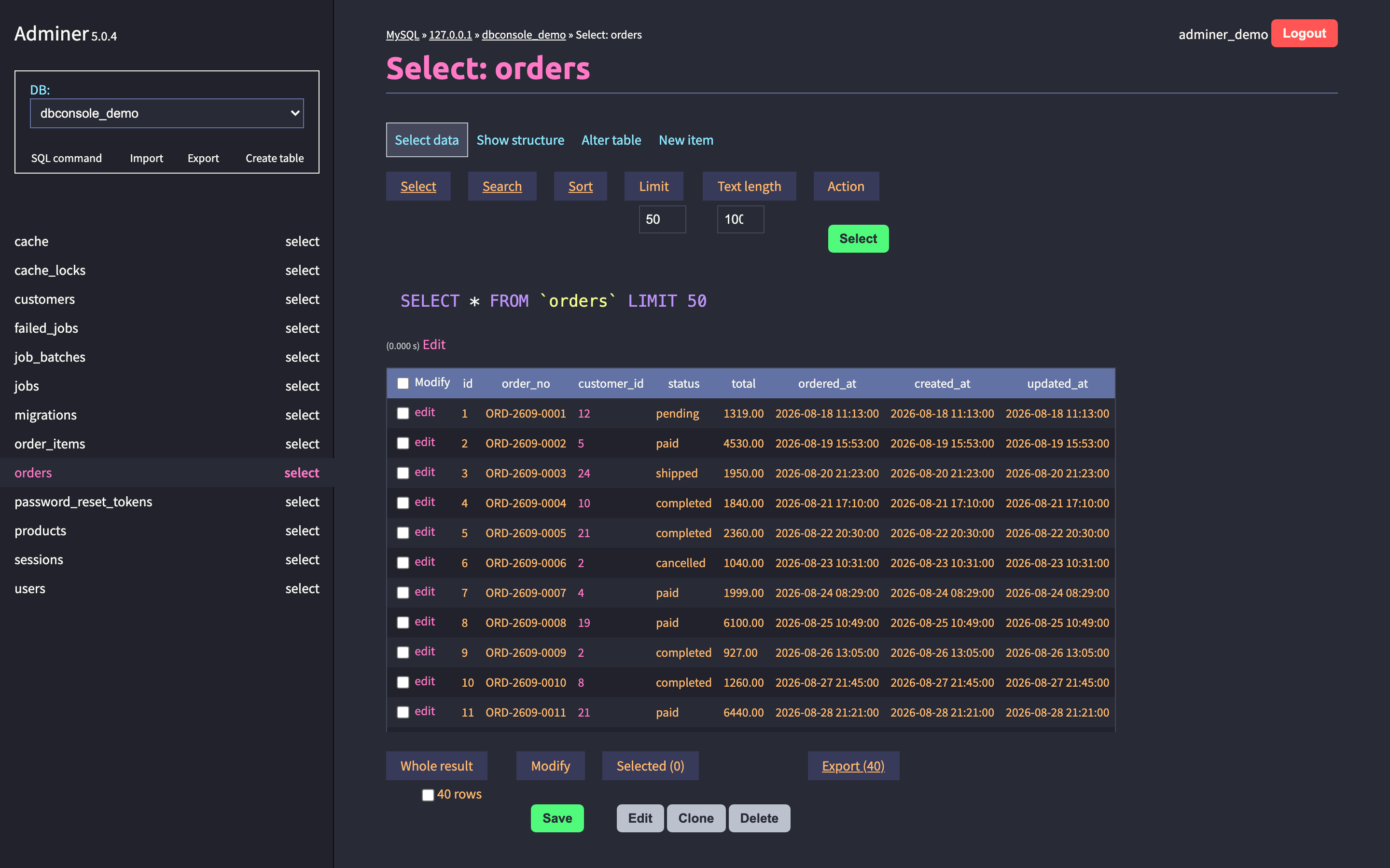 หน้าดูข้อมูลของ Adminer ในธีม Dracula