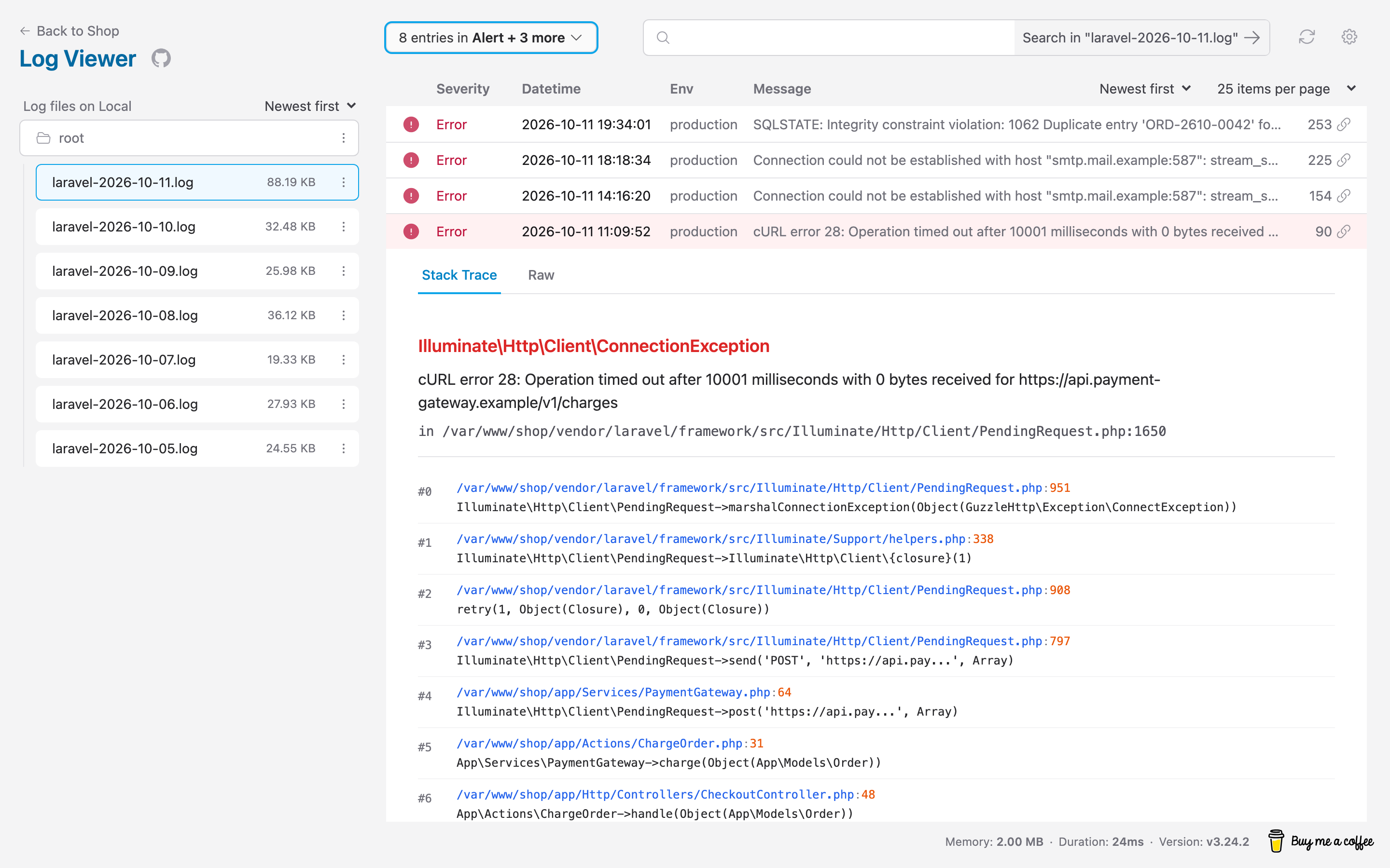 log ระดับ ERROR ที่เปิดดูรายละเอียด มีข้อความ context และ stack trace