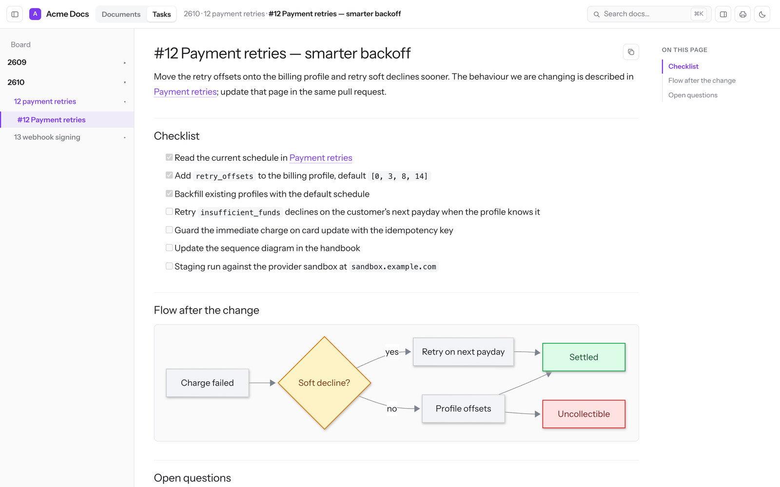 panel Tasks เปิดหน้างานที่มี checklist และปุ่มสลับ panel ด้านบน