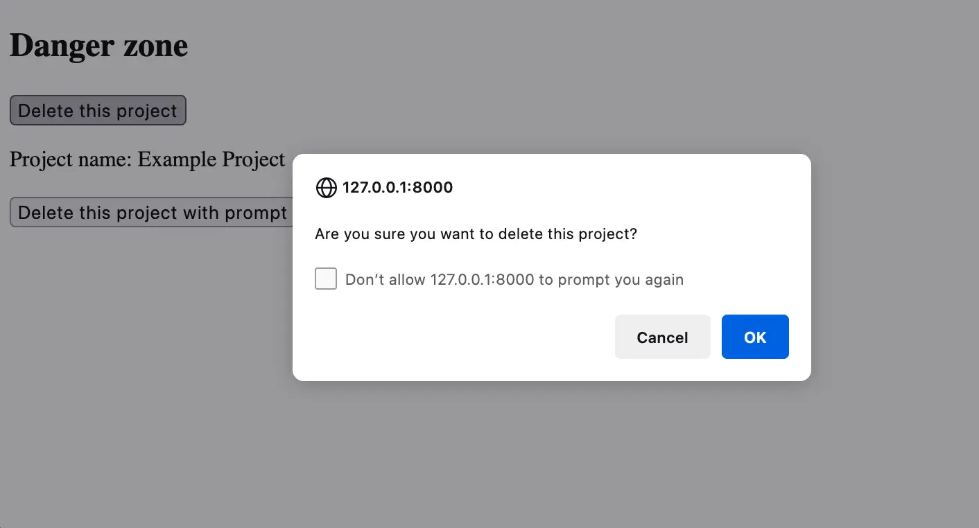 กล่องยืนยันของเบราว์เซอร์ถามว่า Are you sure you want to delete this project? พร้อมปุ่ม Cancel และ OK