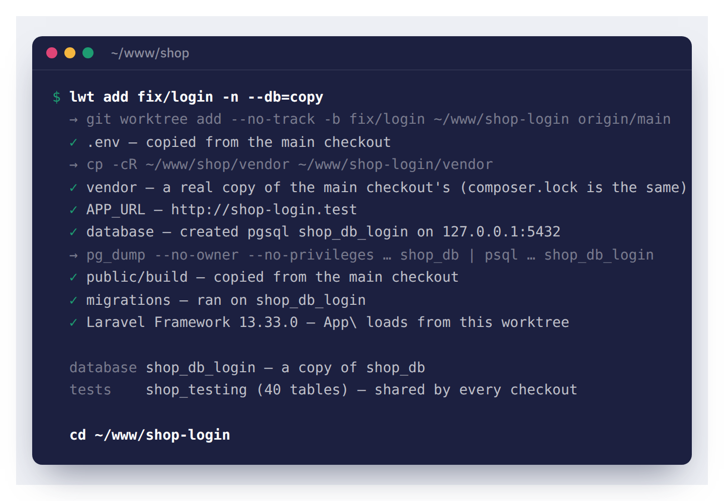 lwt add สร้าง worktree แล้วตั้งทุกอย่างให้