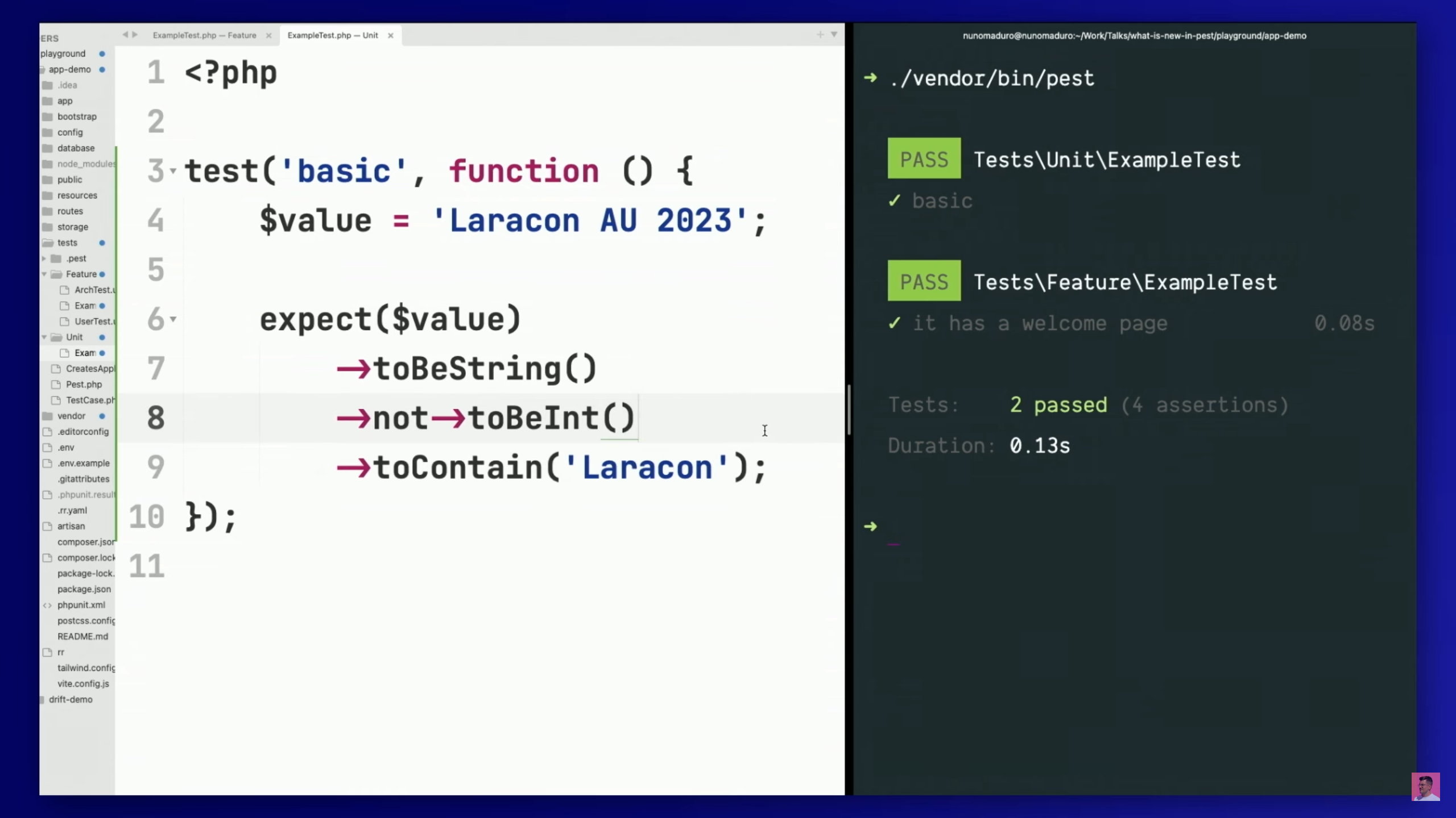test แรกใน Pest กับผลลัพธ์ใน terminal