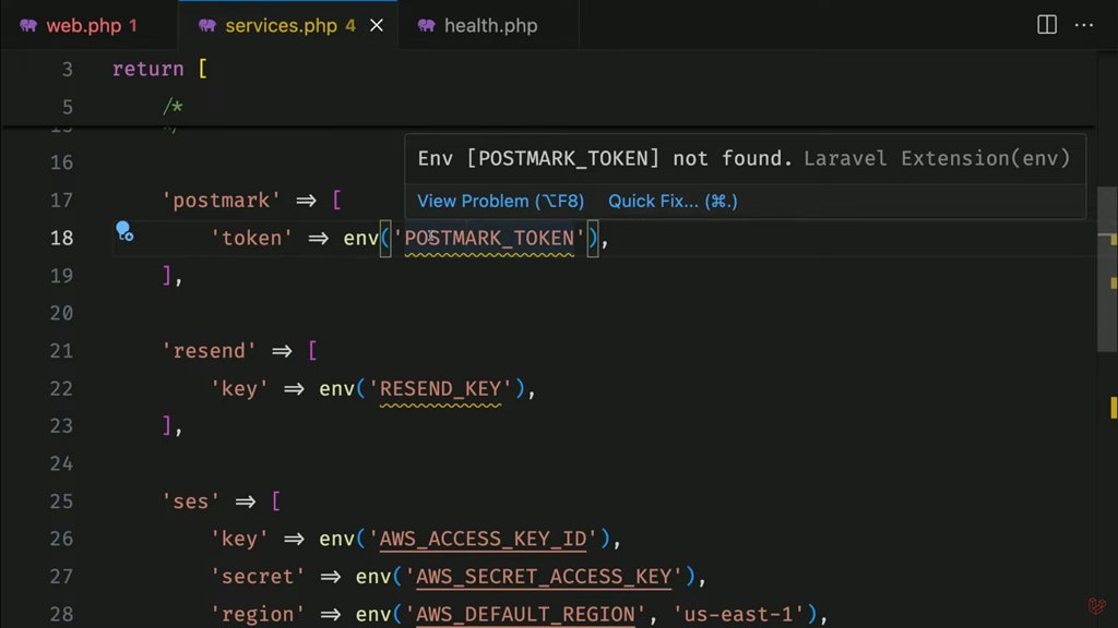 Extension ขีดเส้นใต้ env('POSTMARK_TOKEN') ใน config/services.php เพราะไม่มีค่านี้ใน .env และมีปุ่ม Quick Fix ให้กด