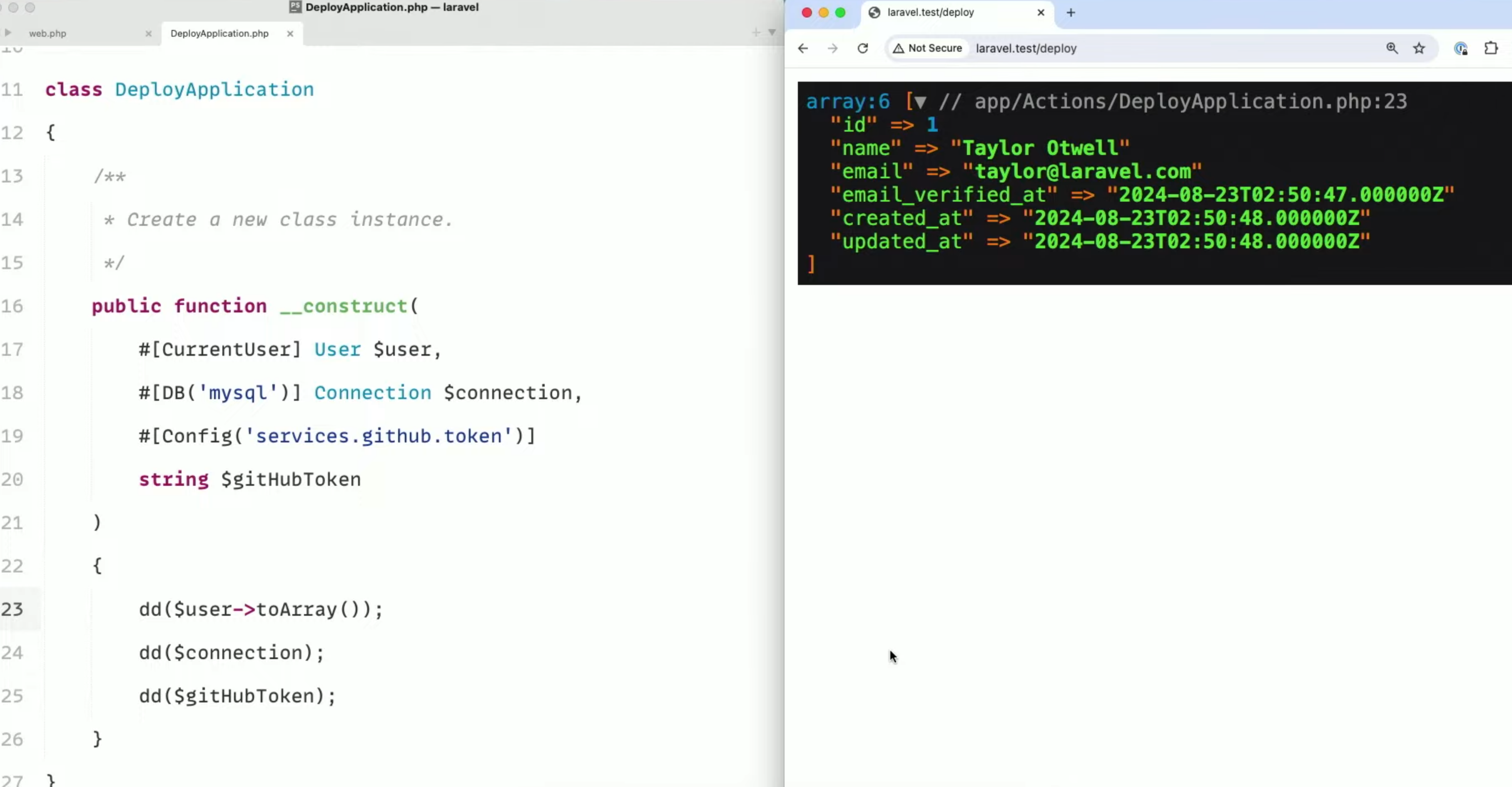 Constructor ของ DeployApplication รับ #[CurrentUser] User, #[DB('mysql')] Connection และ #[Config('services.github.token')] string แล้ว dd ข้อมูล user ออกมาในเบราว์เซอร์
