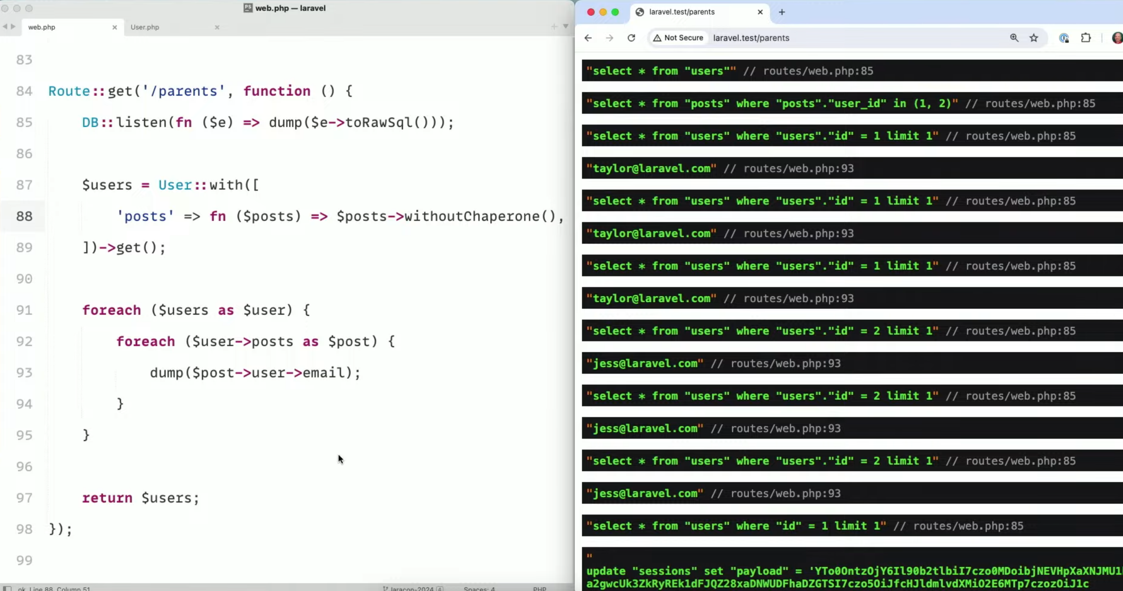 Demo ที่ปิดด้วย withoutChaperone() ทุกรอบที่เรียก $post->user ยิง select * from users ซ้ำ