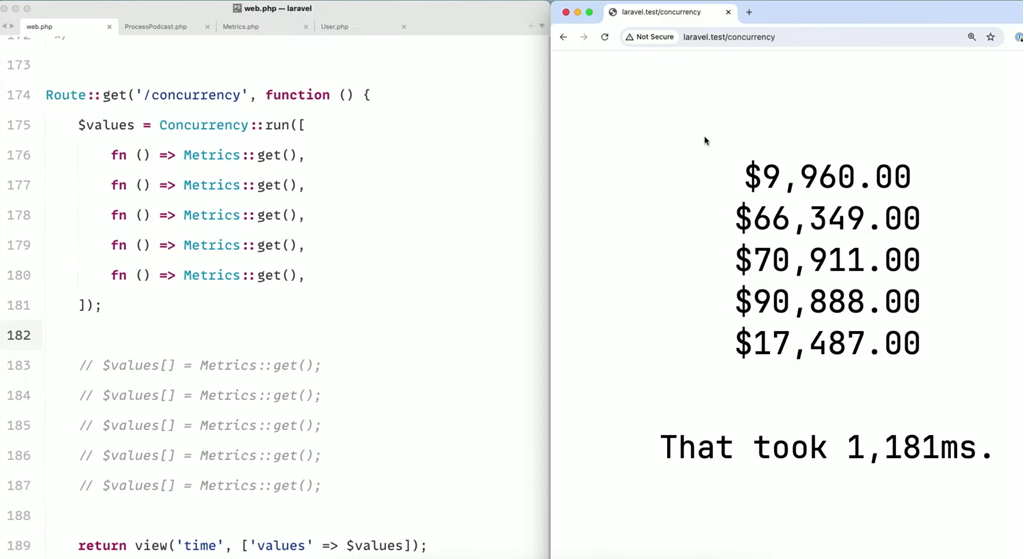 Concurrency::run() เรียก Metrics::get() 5 ครั้งพร้อมกัน ได้ตัวเลข 5 ค่าในเวลา 1,181ms