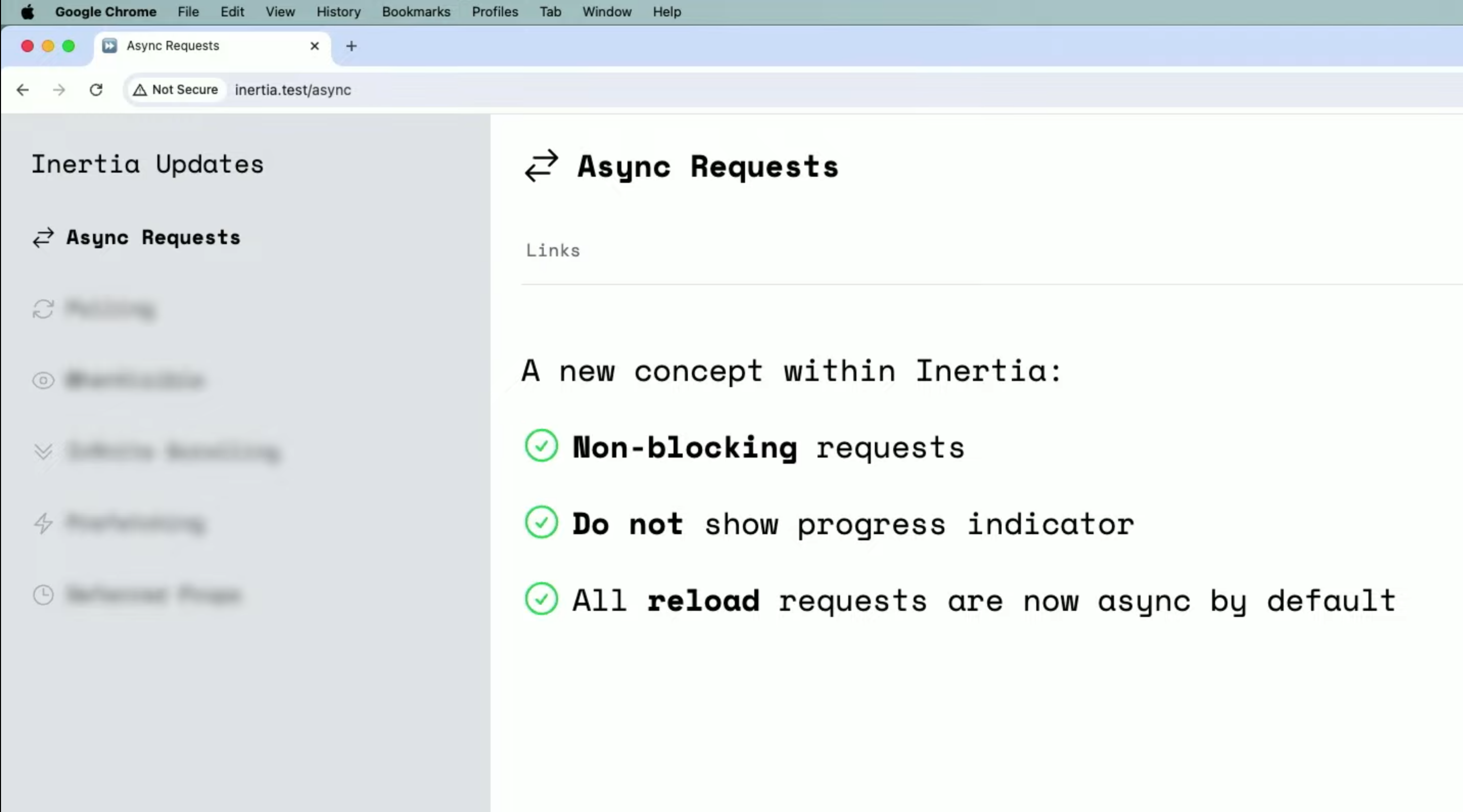 หน้า Async Requests ใน demo บอกว่าเป็น request แบบ non-blocking ไม่แสดง progress indicator และ reload ทุกครั้งเป็น async