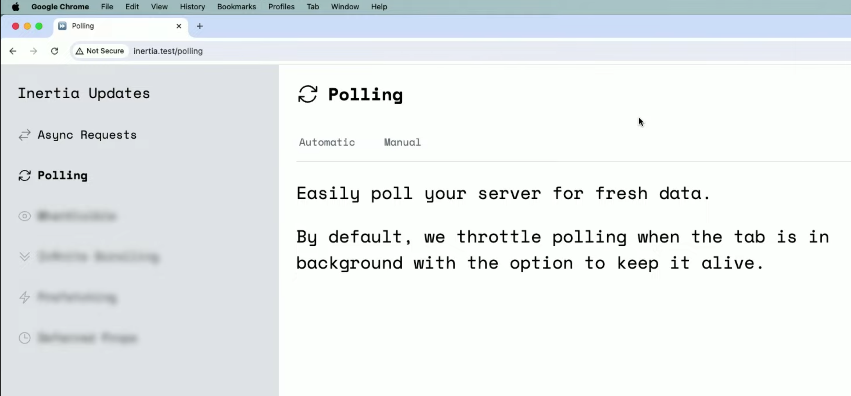 หน้า Polling ใน demo บอกว่า poll server ได้ง่าย และชะลอการ poll เมื่อแท็บไม่ได้เปิดอยู่
