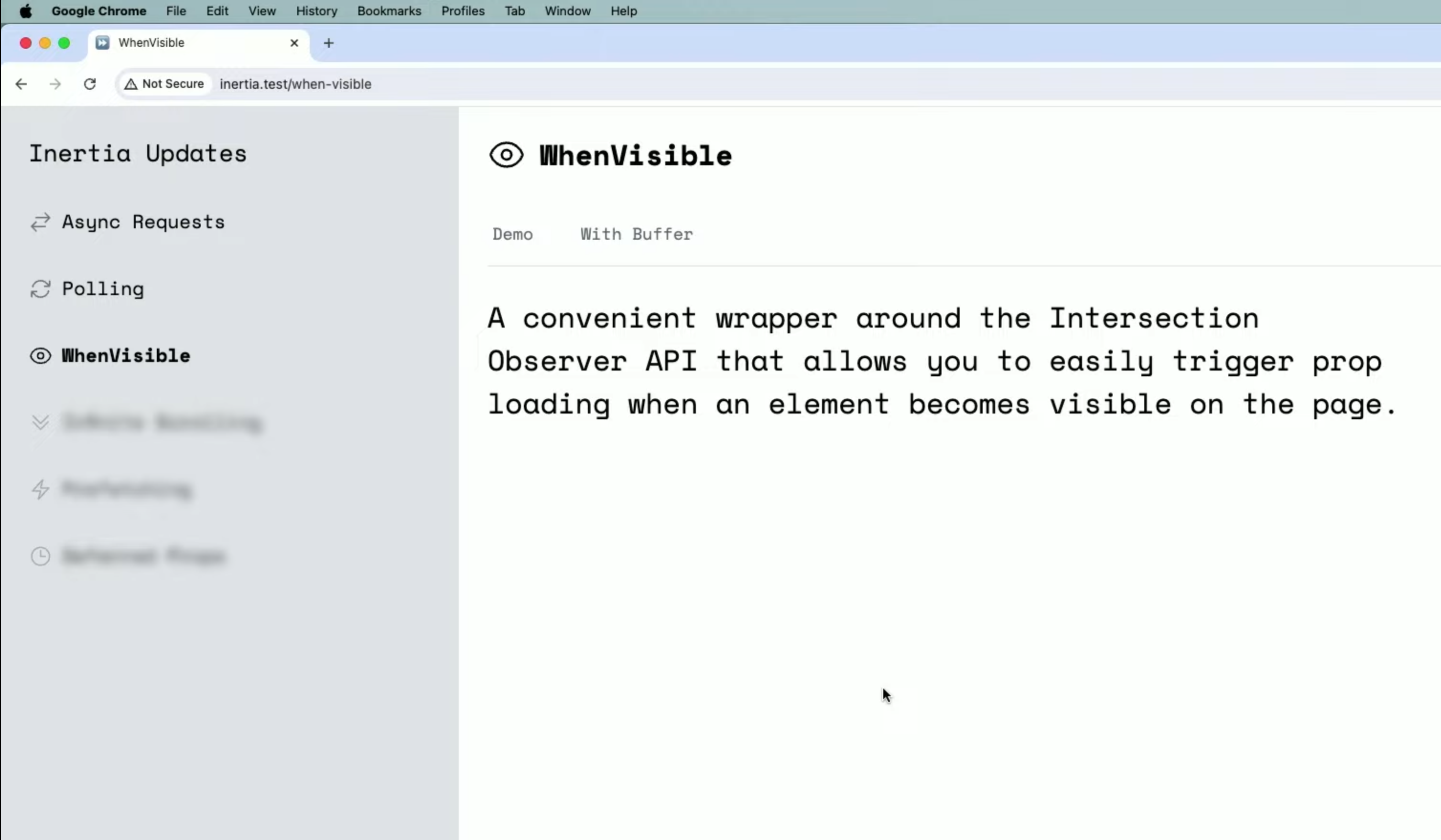 หน้า WhenVisible ใน demo อธิบายว่าเป็นตัวครอบ Intersection Observer API ที่โหลด prop เมื่อ element ปรากฏบนหน้าจอ