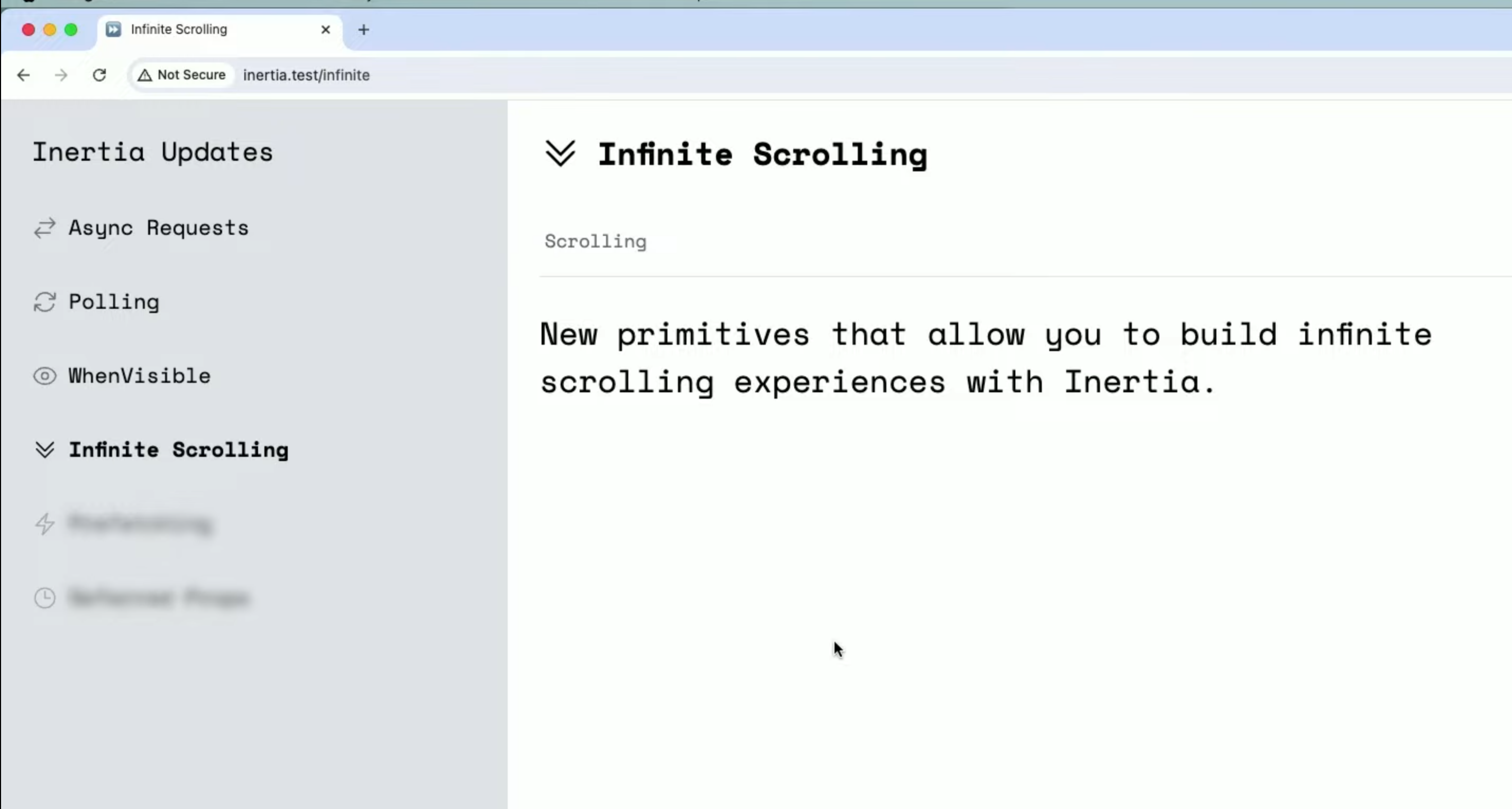 หน้า Infinite Scrolling ใน demo บอกว่ามีตัวช่วยใหม่สำหรับทำ infinite scroll ด้วย Inertia