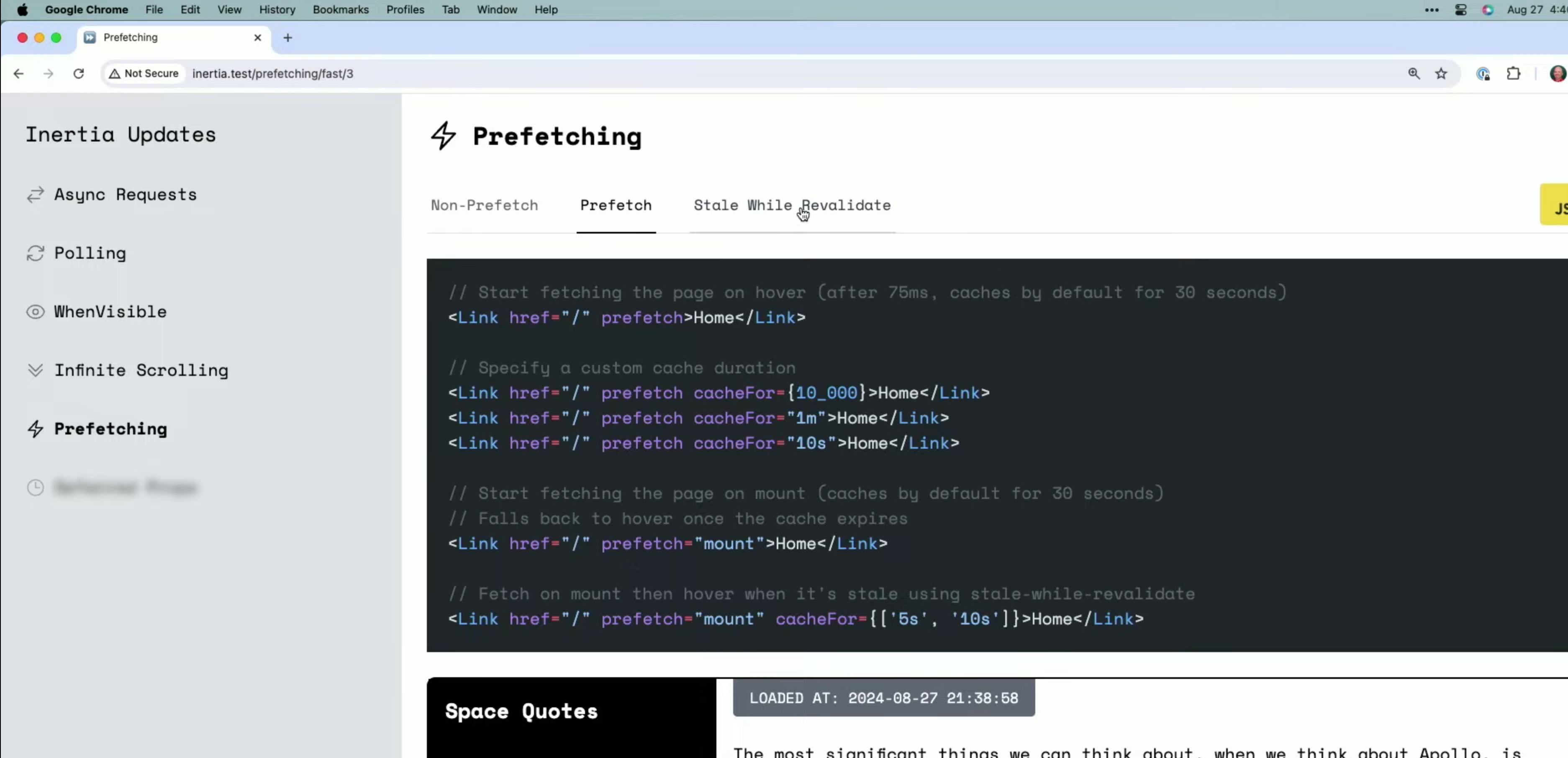 ตัวอย่างโค้ด Link prefetch ทั้งแบบ hover, ตั้ง cacheFor, prefetch ตอน mount และแบบ stale-while-revalidate